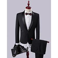 2017 Suits Slim Fit Shawl Collar Single Breasted One-button Solid 2 Pieces Black Straight Flapped