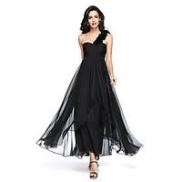 2017 TS Couture Formal Evening Dress - Little Black Dress A-line One Shoulder Ankle-length Chiffon with Flower(s) / Ruching / Pleats
