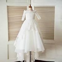 2017 a line sweep brush train flower girl dress lace tulle half sleeve ...