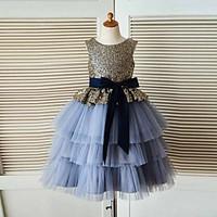 2017 A-line Tea-length Flower Girl Dress - Tulle / Sequined Sleeveless Jewel with Sash / Ribbon