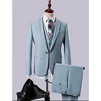2017 Light Blue One-button Polyester/Rayon(T/R) Three-Pieces Straight Flapped Slim Fit Suits