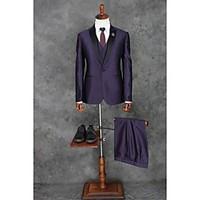 2017 Suits Tailored Fit Peak Single Breasted One-button Polyester Solid 3 Pieces Purple Straight Piped