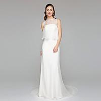 2017 Lanting Bride Sheath / Column Wedding Dress - Chic Modern See-Through Wedding Dresses Chapel Train Jewel Chiffon with Ruffle