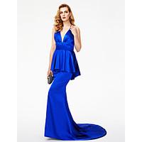 2017 Cannes TS Couture Formal Evening Dress - Celebrity Style Trumpet / Mermaid Halter Sweep / Brush Train Stretch Satin with Bow(s) Pleats