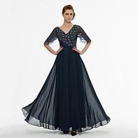 2017 Lanting Bride A-line Mother of the Bride Dress - Beautiful Back Floor-length Short Sleeve Chiffon Tulle with Beading Pleats