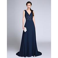 2017 TS CoutureFormal Evening Dress Sheath / Column V-neck Sweep / Brush Train Chiffon with Appliques / Sequins