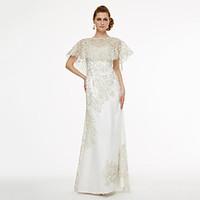 2017 Lanting Bride A-line Mother of the Bride Dress - Sparkle Shine Floor-length Short Sleeve Chiffon Lace with Lace Pleats