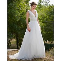 2017 LAN TING BRIDE A-line Wedding Dress - Glamorous Dramatic Little White Dress See-Through Sweep / Brush Train V-neck Organza withDraped