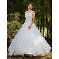 2017 Ball Gown Wedding Dress - Elegant Luxurious Glamorous Dramatic Lacy Look Floor-length V-neck Tulle withAppliques Beading Crystal