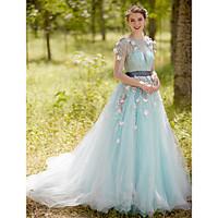 2017 Formal Evening Dress - Open Back Floral A-line Bateau Court Train Tulle with Appliques Flower(s) Pearl Detailing Sash / Ribbon