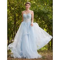 2017 Formal Evening Dress - See Through A-line Sweetheart Sweep / Brush Train Tulle with Appliques Beading Lace