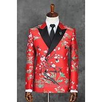 2017 Suits Slim Fit Slim Notch Double Breasted Two-buttons Polyester Patterns 2 Pieces Red Straight Flapped Black