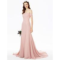 2017 LAN TING BRIDE Sweep / Brush Train Off-the-shoulder Bridesmaid Dress - See Through Sexy Short Sleeve Chiffon Lace