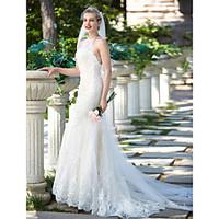 2017 Sheath / Column Wedding Dress - Chic Modern Floral Lace Beautiful Back Sweep / Brush Train Jewel Lace Tulle withAppliques Beading