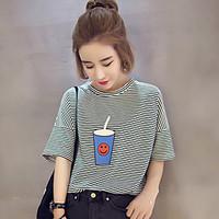 2017 spring and summer new Korean loose hedging pinstripe wild cups printing straight female student t-shirt
