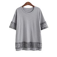 2016 Europe and America new fat mm large size women lace stitching loose short-sleeved T-shirt