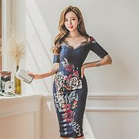 2017 Korean spring new printing Slim lace V-neck half-sleeve in a thin dress stripe dress