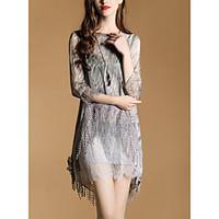 2017 spring new nine points sleeve elegant lace fringed skirt irregular print dress