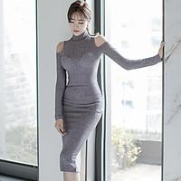 2016 Winter new Korean high-necked knit sexy leakage shoulder Slim package hip dress bottoming dress women