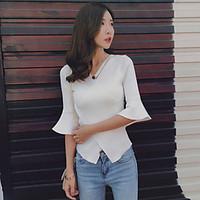 2017 summer new Korean temperament knit V-neck horn sleeve blouse fashion Slim bottoming female cross