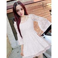 2017 new fashion sexy lace halter trumpet sleeve dress was thin