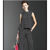 2017 women#39;s summer new loose sleeveless striped shirt Slim stylish pant suit