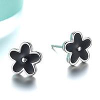 2016 Korean Women 925 Silver Sterling Silver Jewelry Black Acrylic Flower Round Earrings Stud Earrings 1Pair