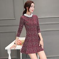 2017 Spring and Autumn long-sleeved dress Slim thin lotus sleeve doll collar knit long section of large spot