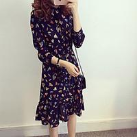 2016 spring new large size long-sleeved floral chiffon dress female waist flounced skirt bottoming