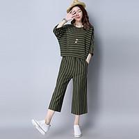 2017 spring and summer fashion leisure suit striped knit short-sleeved T-shirt loose two-piece pant fashion