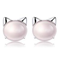 2016 Korean Unisex 925 Silver Sterling Silver Jewelry Zircon Earrings Pink Lovely Cat Stud Earrings 1Pair