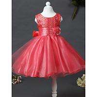 21KIDS A-line Knee-length Flower Girl Dress - Satin Tulle Sequined Jewel with Beading Flower(s) Sash / Ribbon Pleats