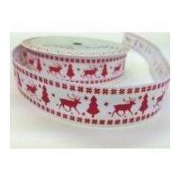 22mm Bertie's Bows Reindeer & Tree Christmas Grosgrain Ribbon Red & White