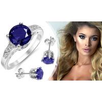 2.33 Carat Blue Sapphire Ring (P) & Earring Set with 18K Gold Plating