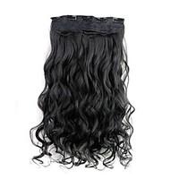 24 Inch 120g Long Black Synthetic Curly Clip In Hair Extensions with 5 Clips