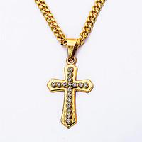 24K Gold Plated Men\'s Rhinestones Cross Pendant Necklaces