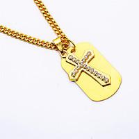 24K Gold Plated Men\'s Rhinestones Cross Gold Medal Pendant Necklaces