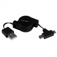 2.5 ft Retractable USB Combo Cable USB to Micro USB and Mini USB M/M