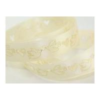 25mm Doves & Heart Print Satin Ribbon Cream & Gold