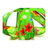 25mm rustic flower wired edge ribbon green