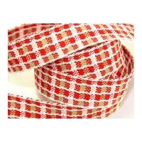 25mm Woven Check Christmas Ribbon 15m Red, White & Beige