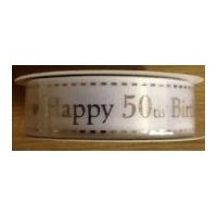 25mm Bertie's Bows Happy Birthday Satin Ribbon White & Silver 50th Birthday