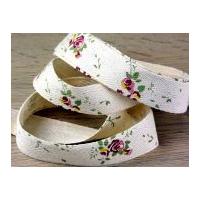 25mm Vintage Style Floral Print Cotton Rustic Webbing Ribbon Cream