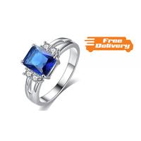2.5ct Rhodium Plated Blue Simulated Sapphire Ring - Free Delivery!