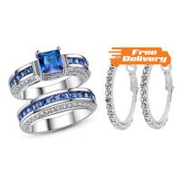 2.5ct Blue Simulated Sapphire Ring with FREE Earrings - Free Delivery!