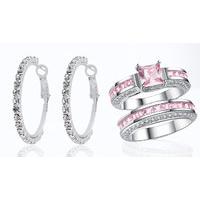 2.5ct Pink Simulated Sapphire Princess Ring Set and FREE CZ Crystal Hoop Earrings