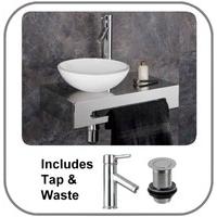 28cm Casoria White Glass Sink with Stainless Steel Wall Mounted Shelf, Rail and Tap