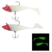 2Pcs 11cm 20g Luminous T Tail Lead Fishing Lures Soft Bait With One Treble Hook One Single Hook