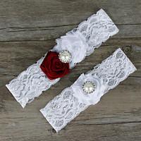 2pcs/set Dark Red And White Satin Lace Chiffon Beading Wedding Garter