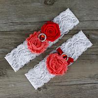 2pcsset red satin lace chiffon beading wedding garter